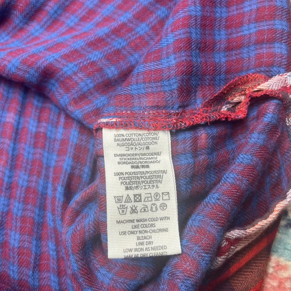 Free People Button Down Shirt Womens Small Red Plaid Floral Embroidered Boho